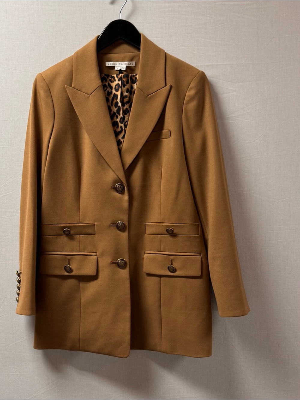 Veronica Beard Camel Double-Breasted Leopard-Lined Blazer